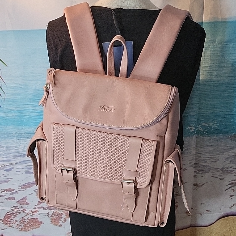 Zane Pink Leather Backpack with Woven Detail